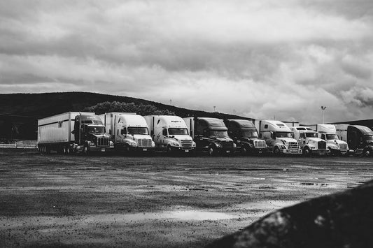 Black and white photo of semi-trucks parked at a rest-stop