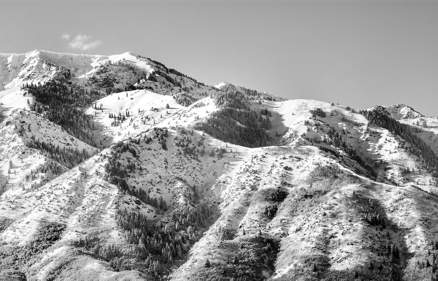 black and white photo of snowy mountains in Utah 